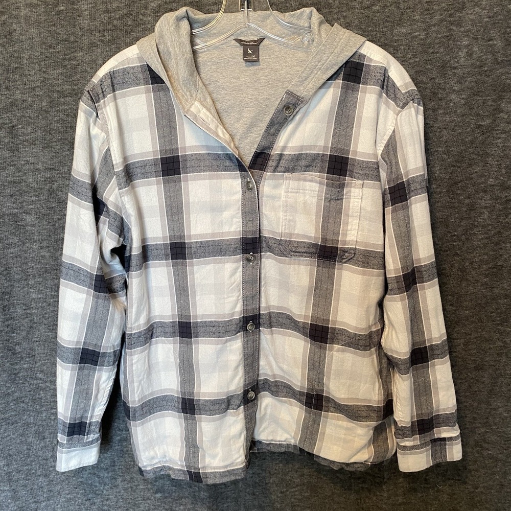Eddie Bauer Flannel Shirt Jacket Womens Medium Plaid Cotton Hooded Lined Shacket